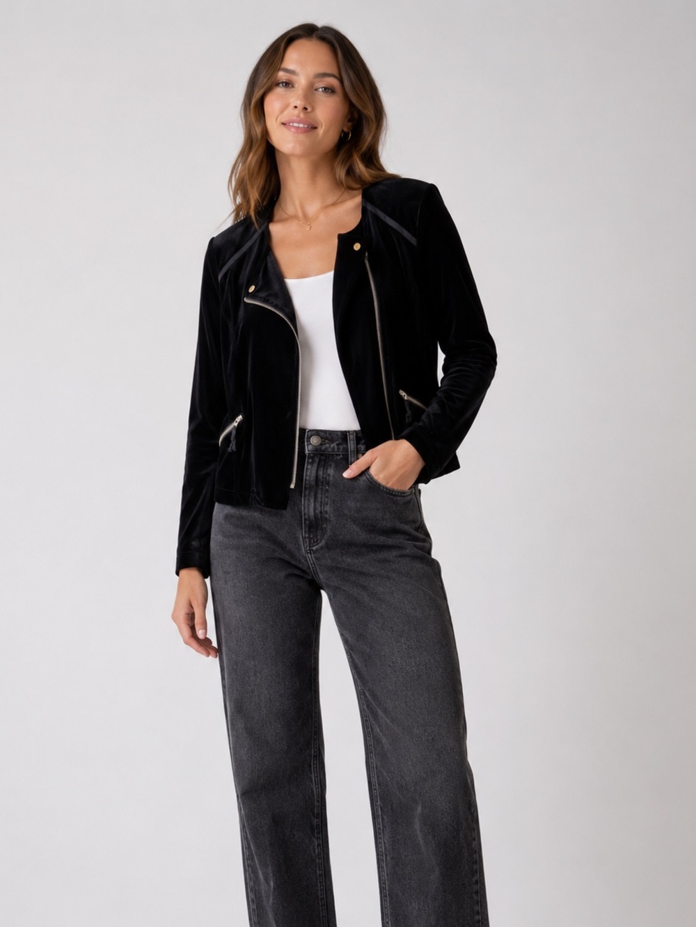 Soft Surroundings Black Velvet Blazer Moto Jacket Women’s Medium Career Classic